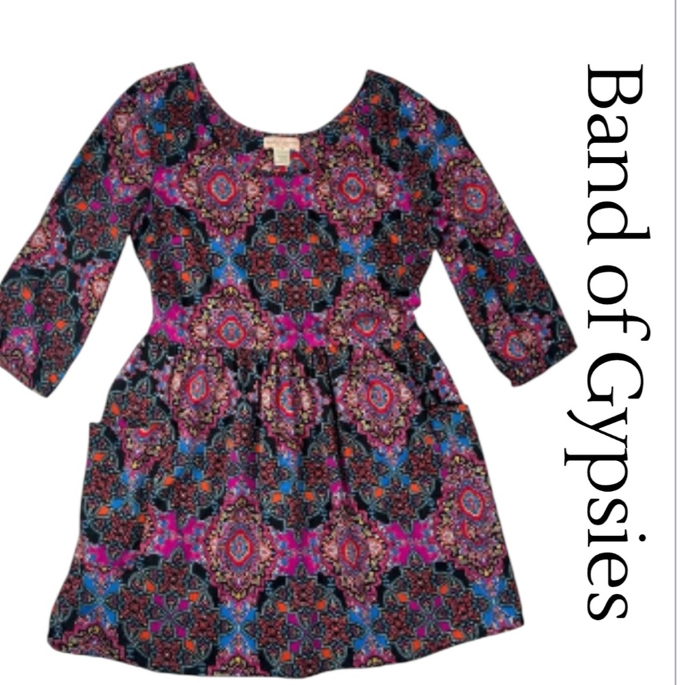 Band Of Gypsies Abstract Mini Dress 3/4 length Sleeve Women’s Size Large
